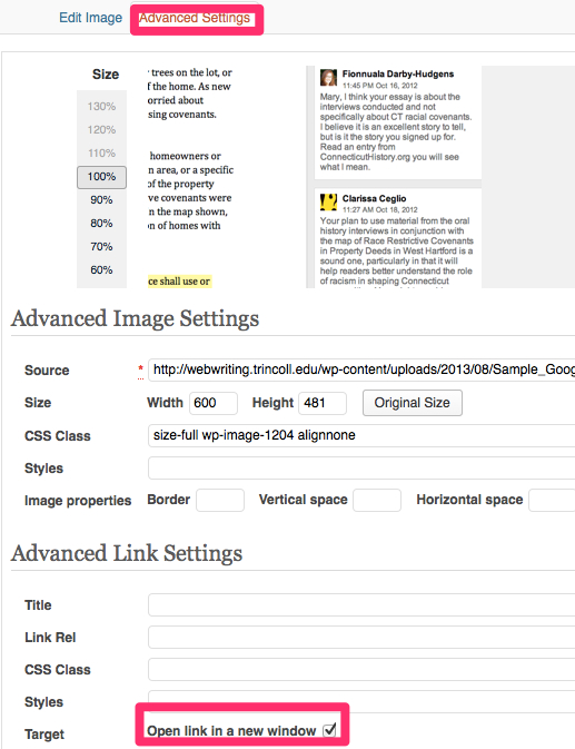 Click "Advanced Settings" tab and check box to open target link in a new window.